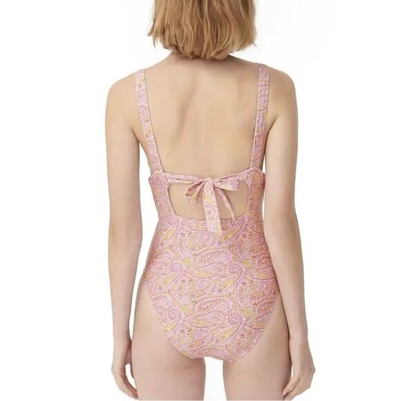 J. Crew Eco Plunge V-Neck One Piece Swimsuit Pink Beach Paisley Size 6 Tie Back - Picture 8 of 15